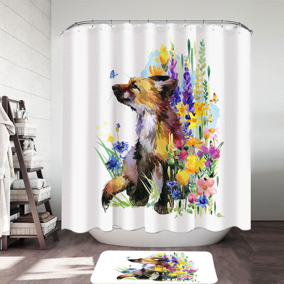 Art Painting Shower Curtain Flowers and Cute Fox