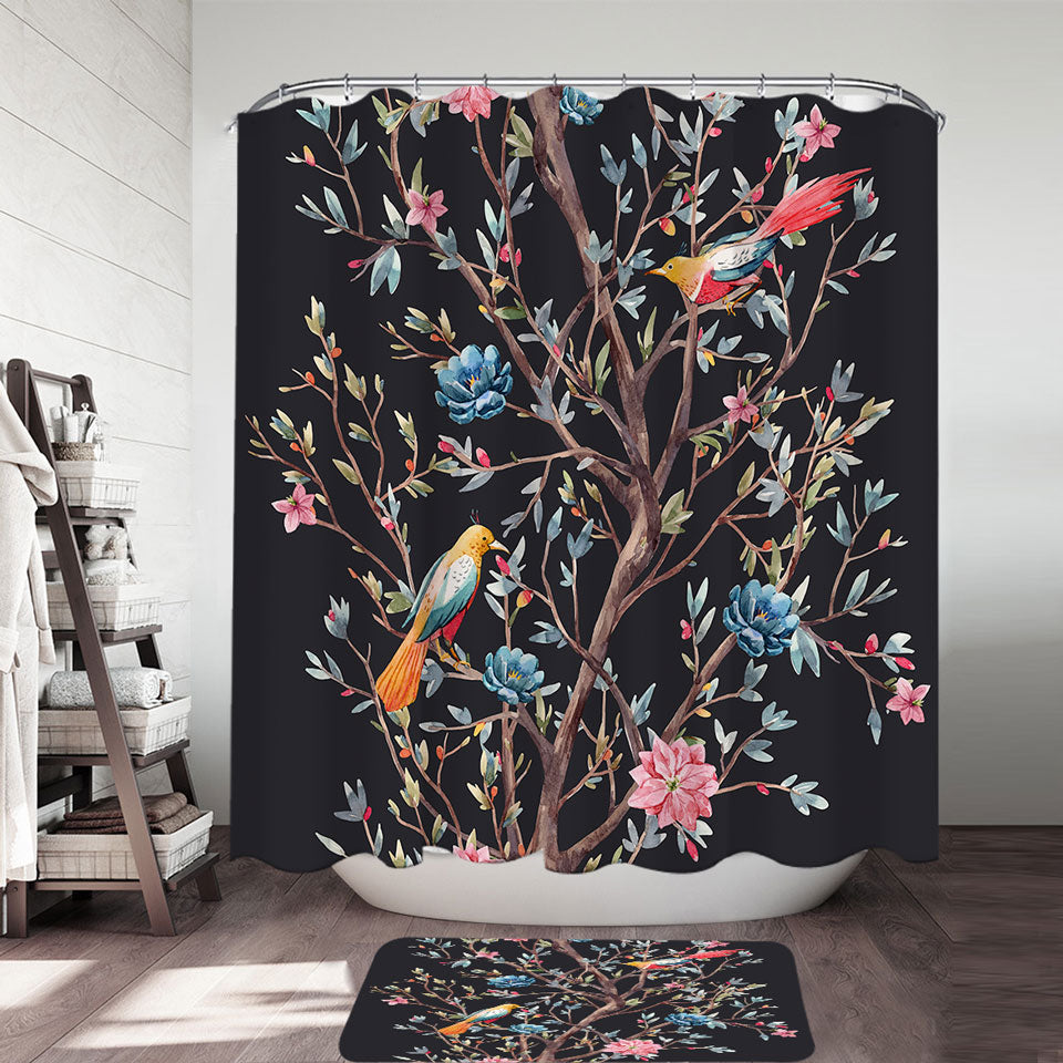 Art Painting Shower Curtains Flowering Bird Tree