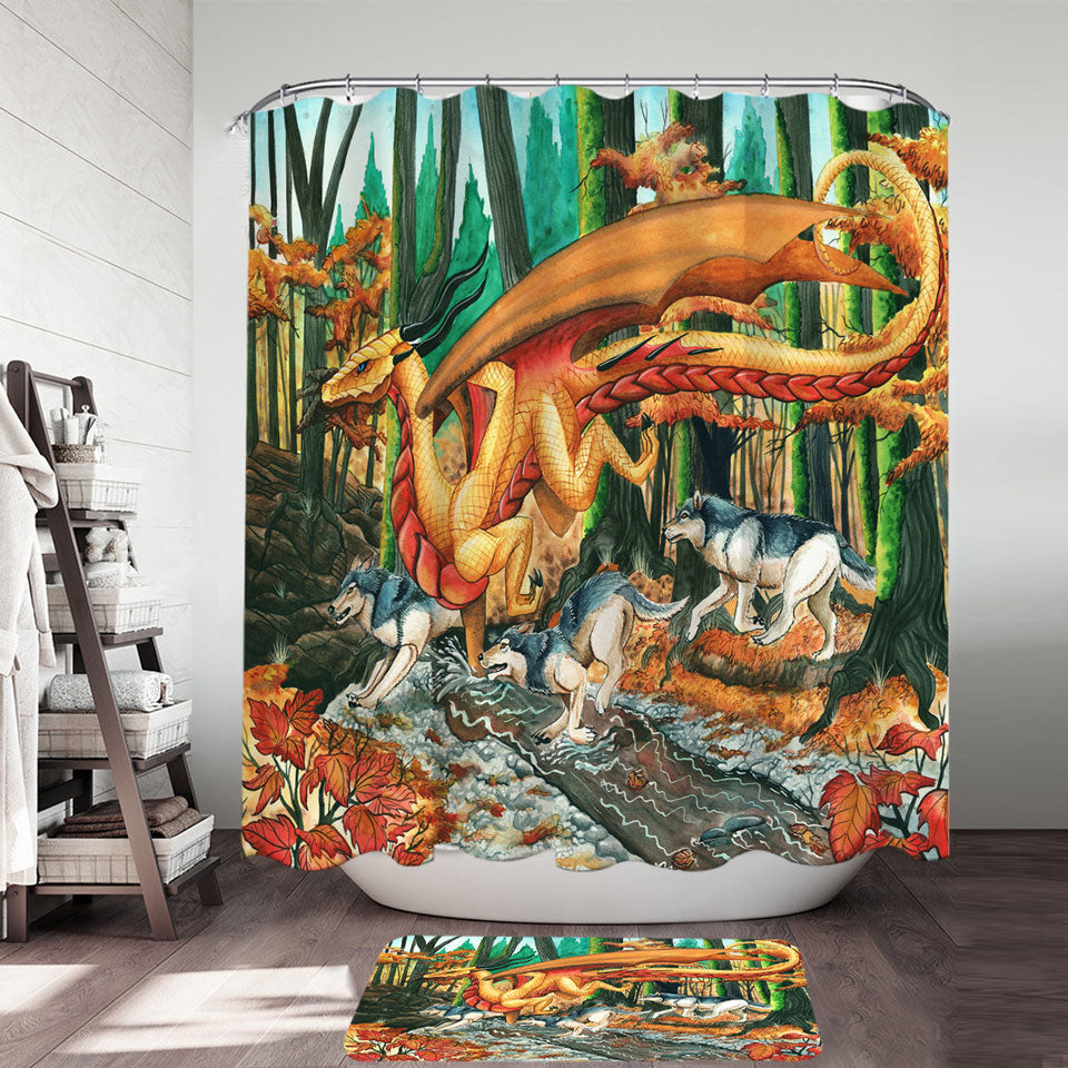 Art Painting Shower Curtains Online Fall Leaves Wolves and Dragon