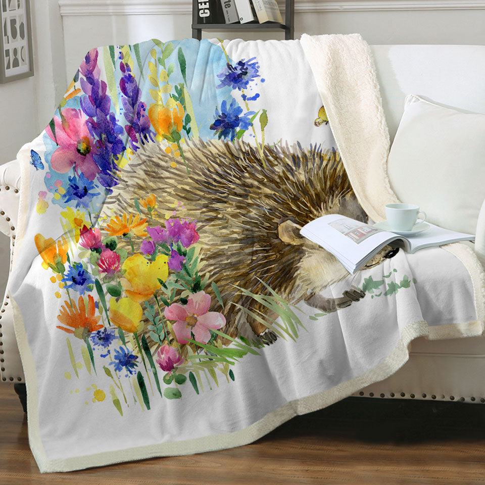 Art Painting Sofa Blankets Flowers and Cute Hedgehog