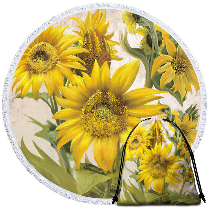 Art Painting Sunflowers Floral Round Beach Towel