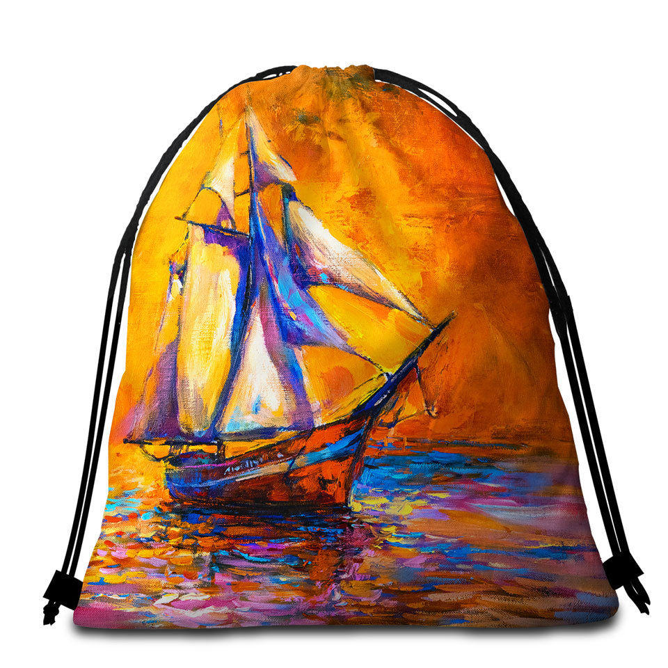 Art Painting Sunset Sailboat Beach Towel Bags