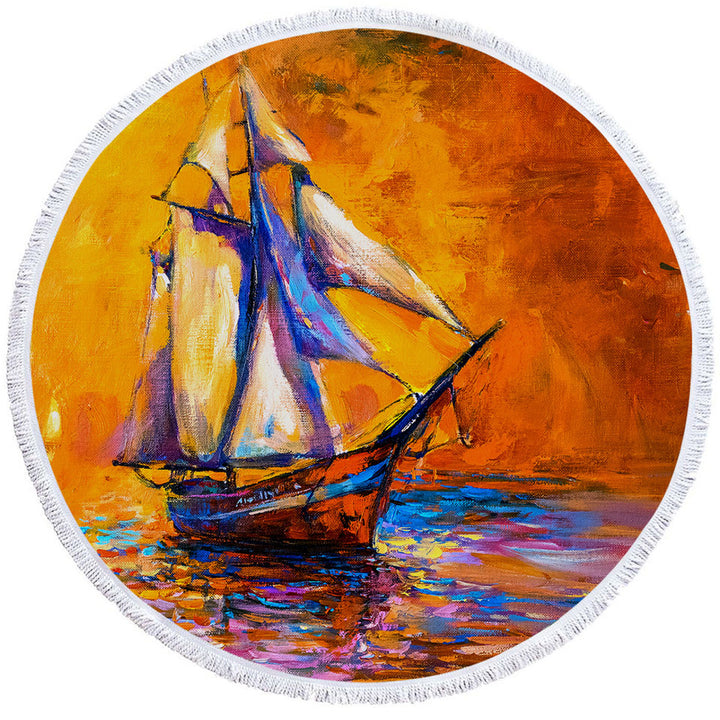 Art Painting Sunset Sailboat Circle Beach Towel