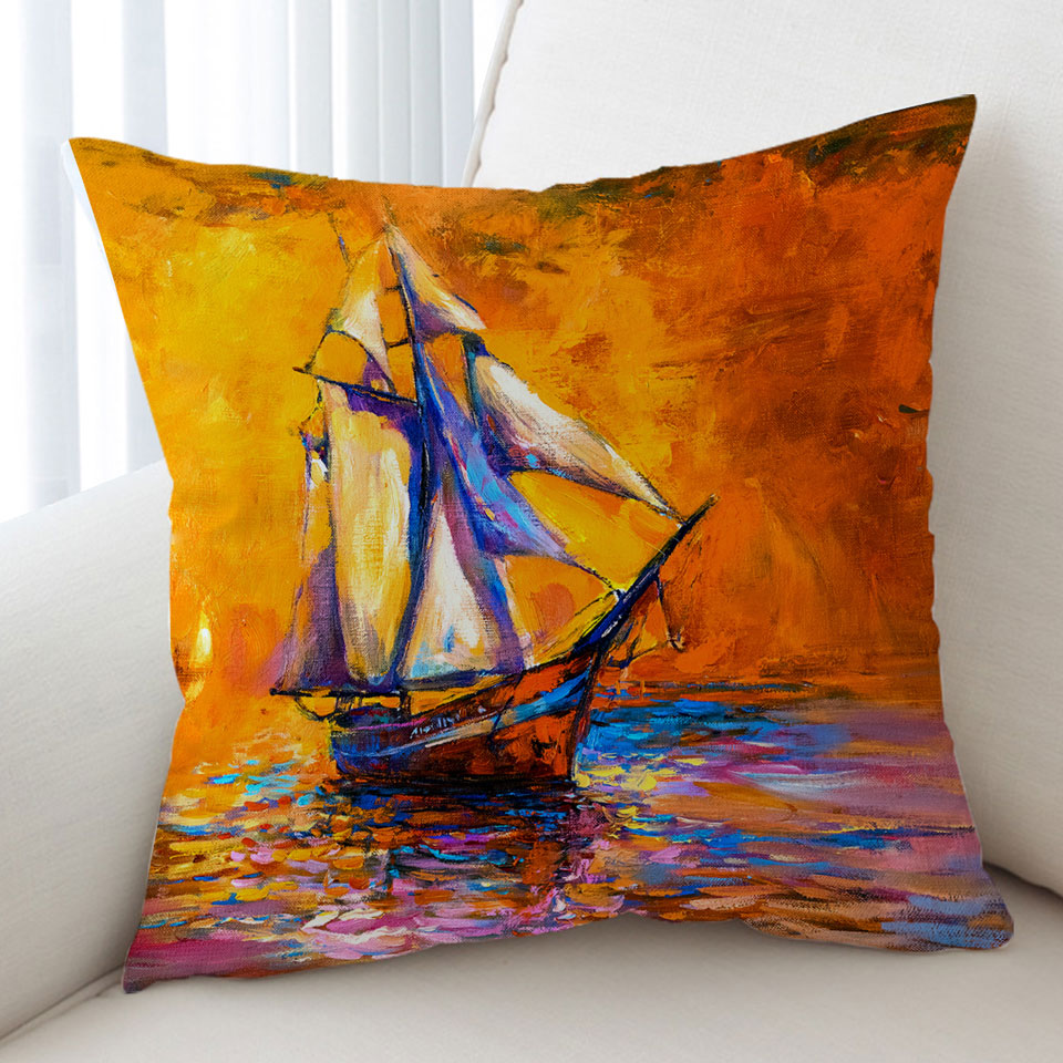 Art Painting Sunset Sailboat Cushion Cover