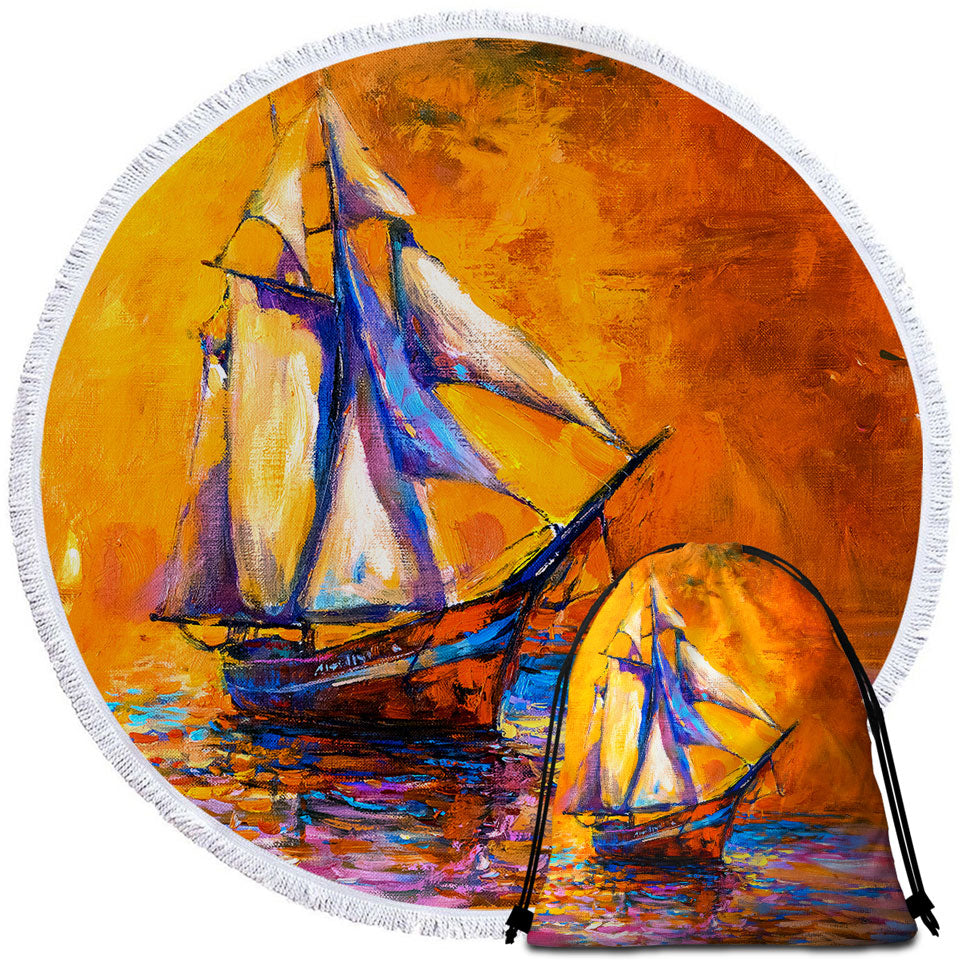 Art Painting Sunset Sailboat Round Beach Towel