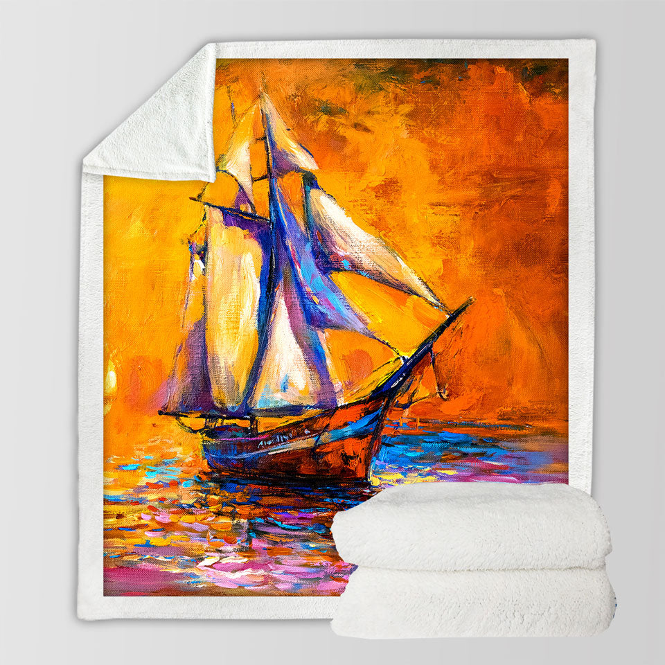 Art Painting Sunset Sailboat Sherpa Blanket
