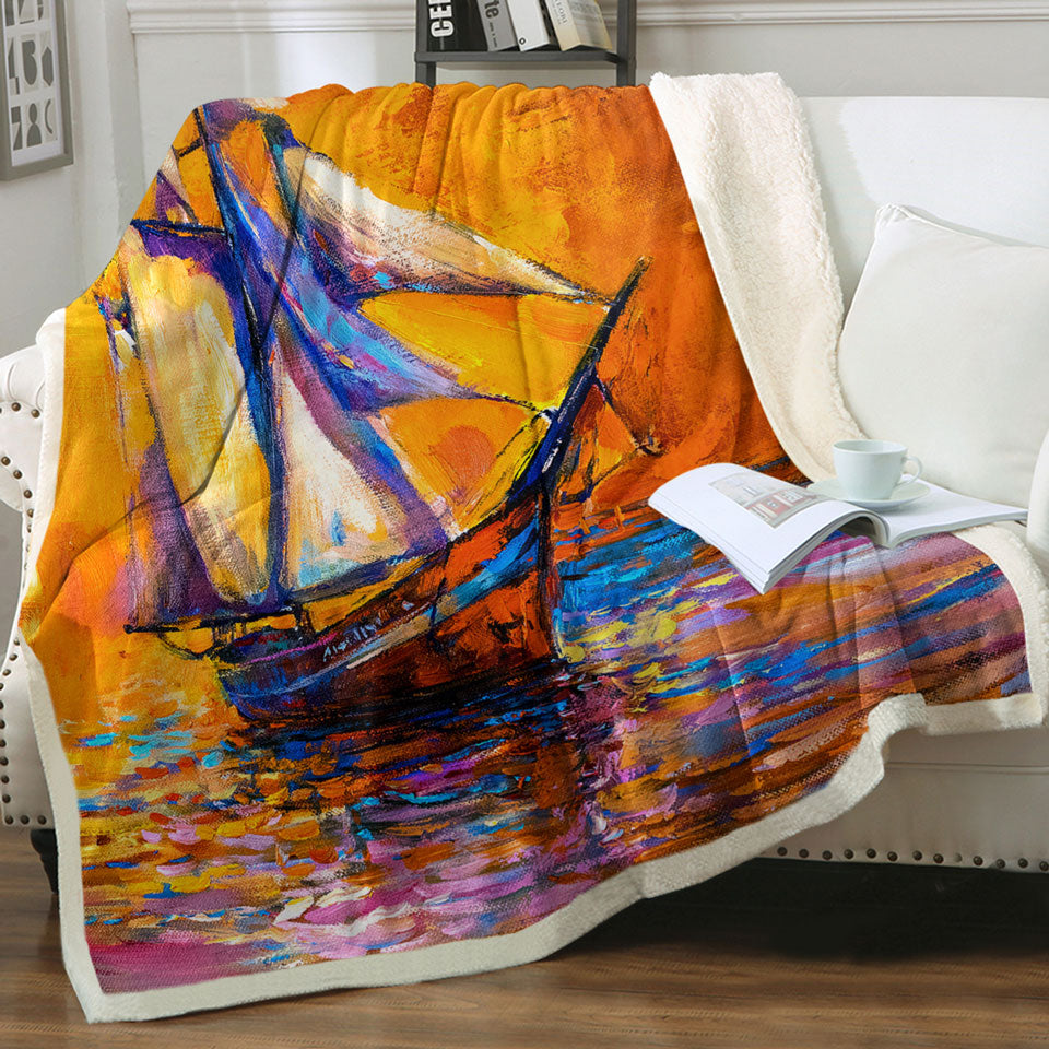 Art Painting Sunset Sailboat Throw Blanket