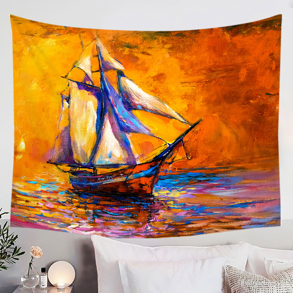 Art Painting Sunset Sailboat Wall Decor Tapestry