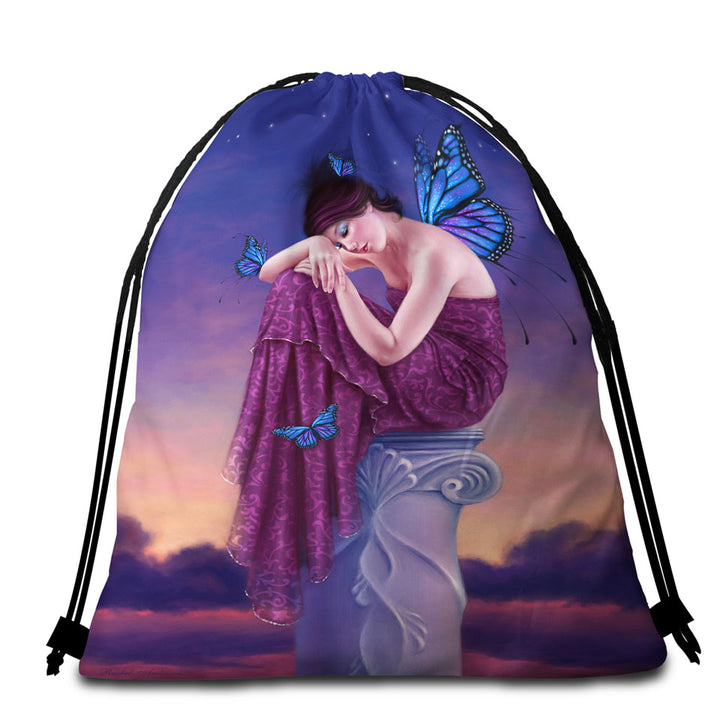 Art Painting Sunset Sleepy Butterfly Girl Beach Towel Bags