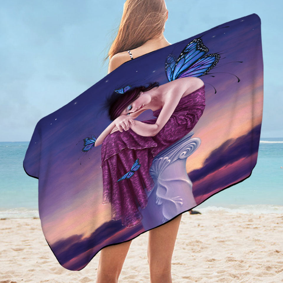 Art Painting Sunset Sleepy Butterfly Girl Microfibre Beach Towels