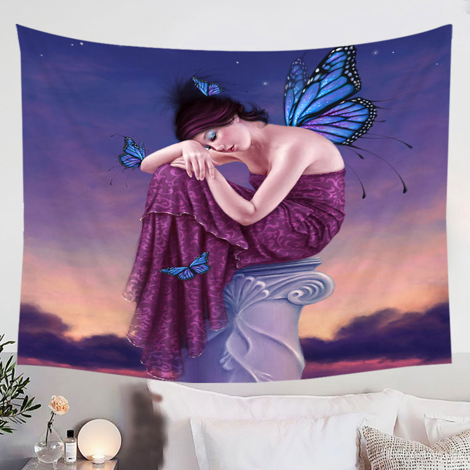 Art-Painting-Sunset-Sleepy-Butterfly-Girl-Tapestry-Wall-Hanging