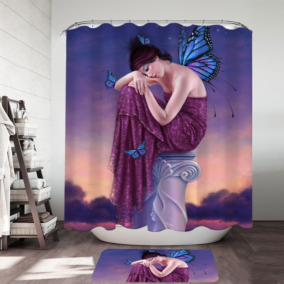Art Painting Sunset Sleepy Butterfly Girl Trendy Shower Curtains