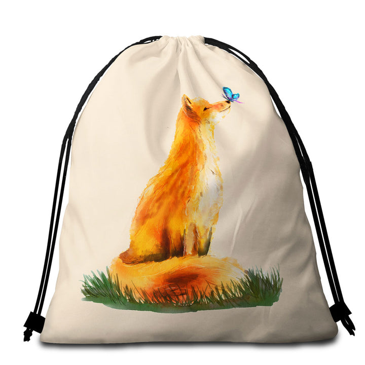 Art Painting Sweet Fox and Butterfly Cute Beach Towel Bags