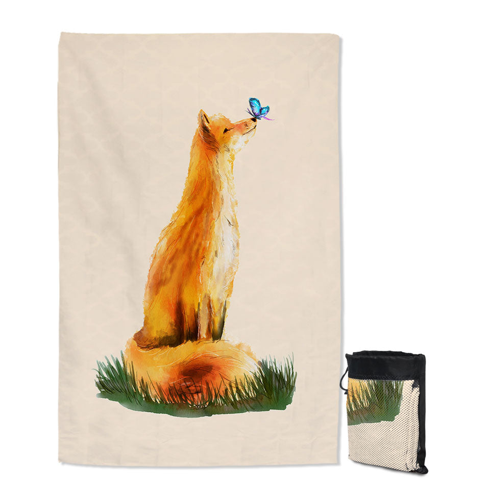 Art Painting Sweet Fox and Butterfly Cute Beach Towels