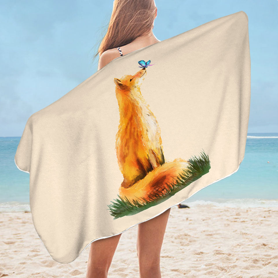 Art Painting Sweet Fox and Butterfly Microfiber Beach Towel
