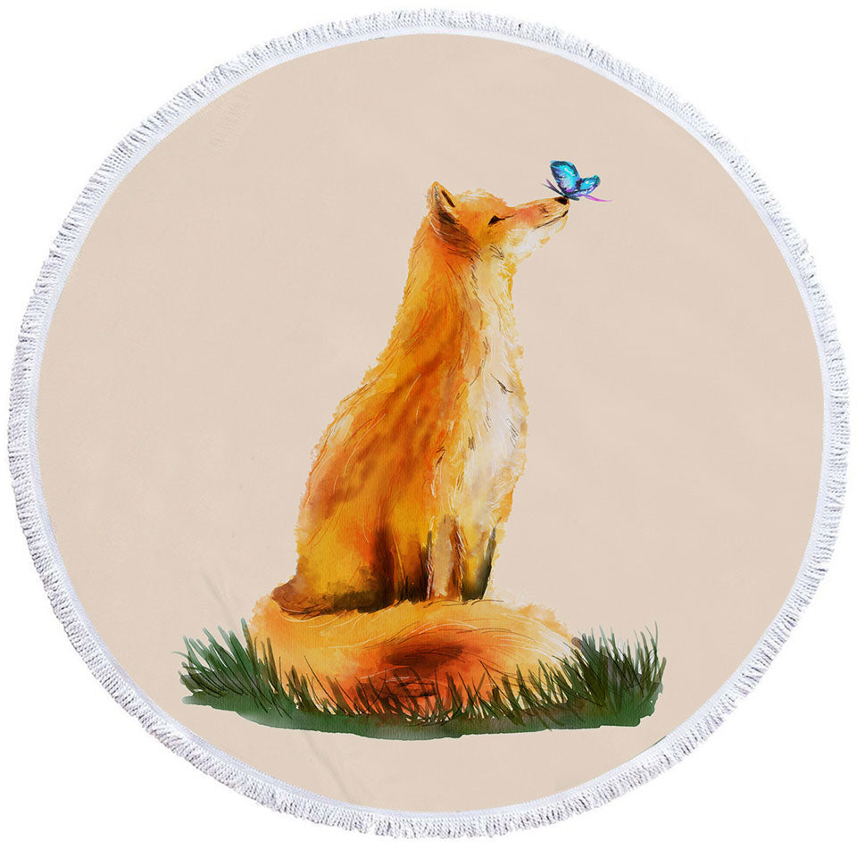 Art Painting Sweet Fox and Butterfly Round Beach Towel