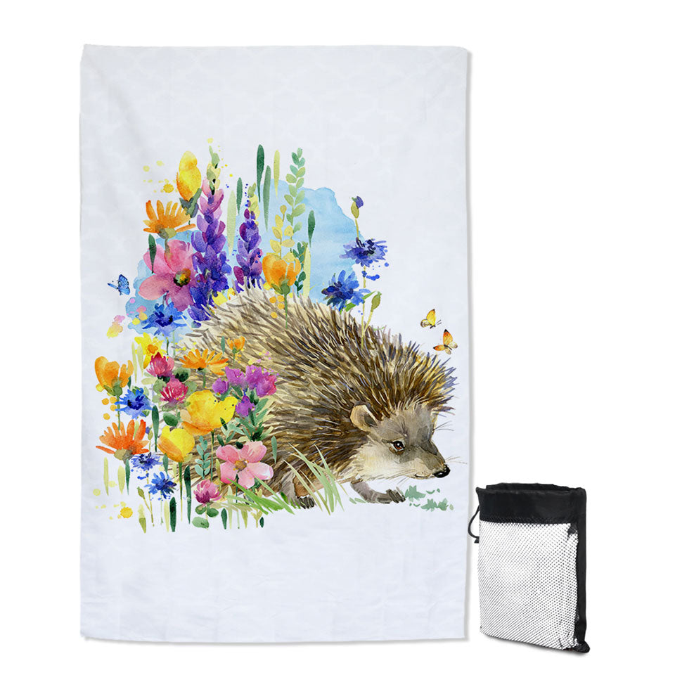 Art Painting Thin Beach Towels Flowers and Cute Hedgehog