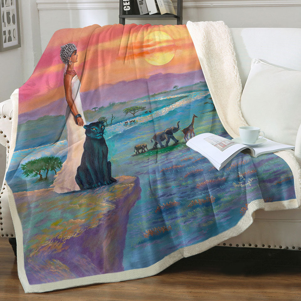 Art Painting Throw Blanket the landscape of Africa Animals and African Queen