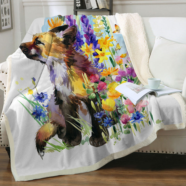 Art Painting Throw Blankets Flowers and Cute Fox