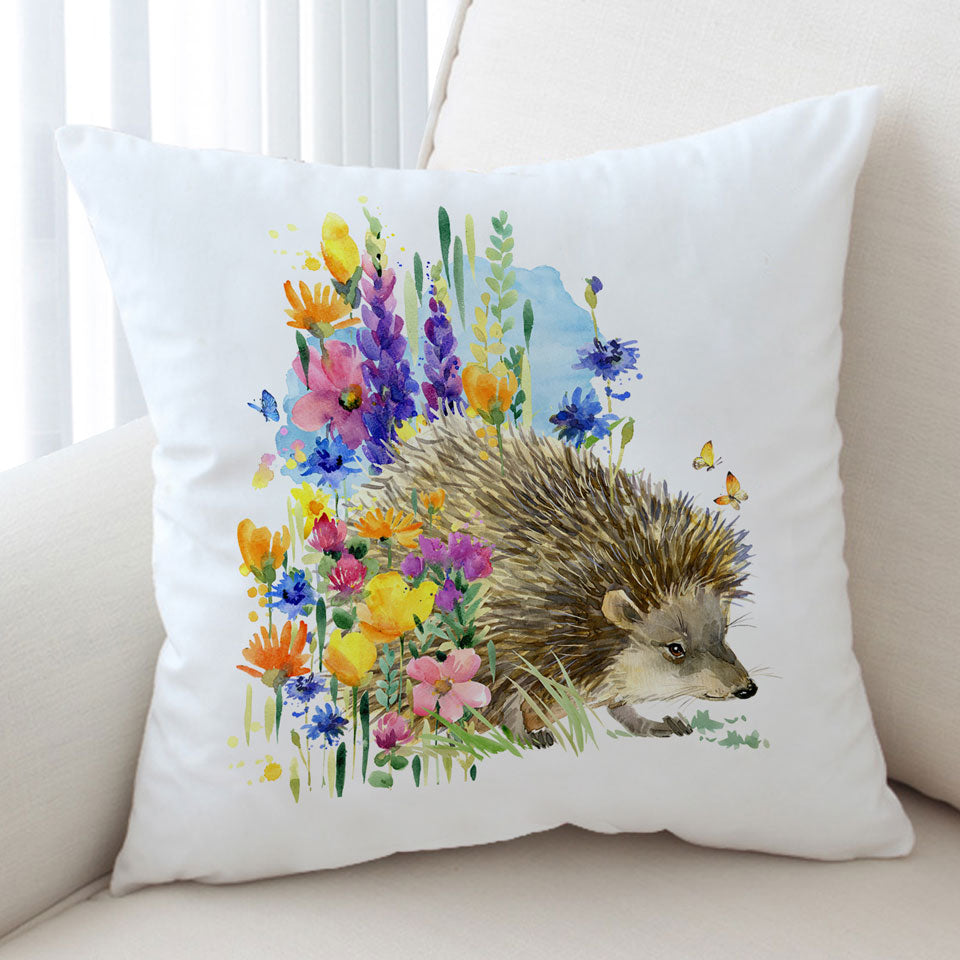 Art Painting Throw Pillow Flowers and Cute Hedgehog