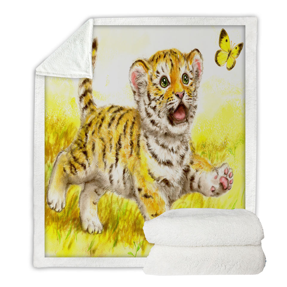 Art Painting Throws for Kids Butterfly and Baby Tiger Sherpa Blanket