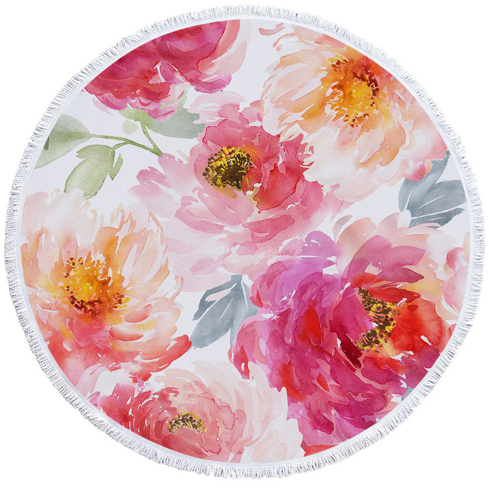 Art Painting Travel Beach Towel Peach Red Flowers