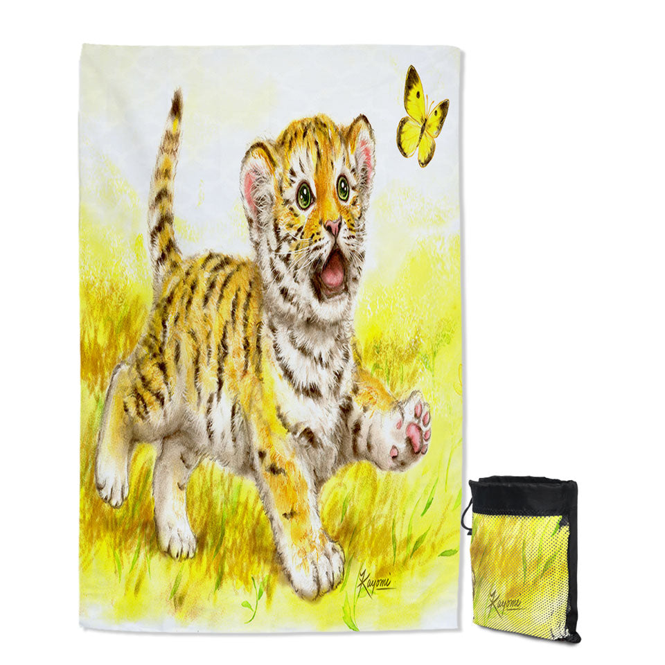 Art Painting Travel Beach Towel for Kids Butterfly and Baby Tiger Quick Dry Beach Towel