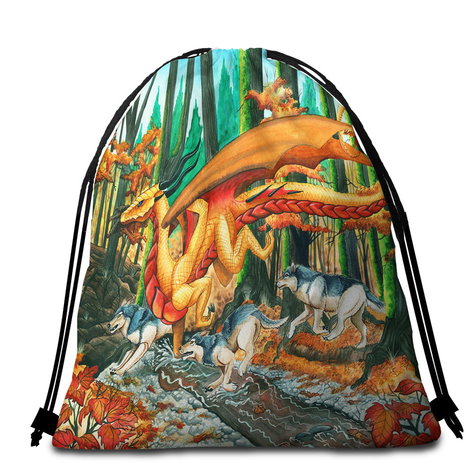 Art Painting Unique Beach Bags for Towels Fall Leaves Wolves and Dragon