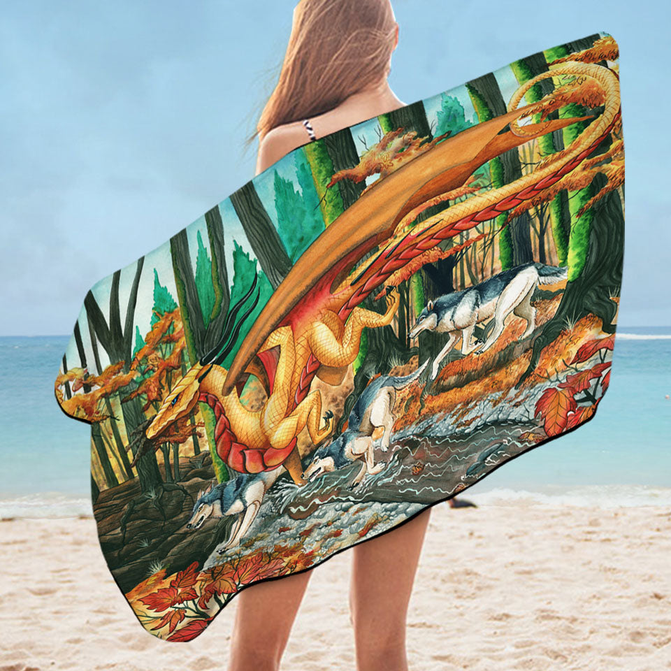 Art Painting Unique Beach Towels Fall Leaves Wolves and Dragon