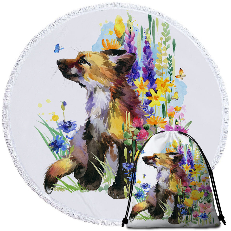 Art Painting Unique Beach Towels Flowers and Cute Fox