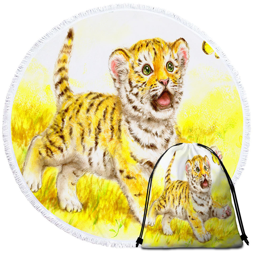 Art Painting Unique Beach Towels for Kids Butterfly and Baby Tiger