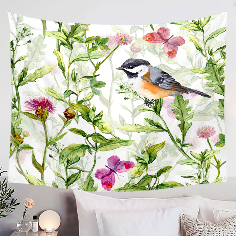 Art Painting Wall Decor Tapestry Bird and Butterflies with Flowers