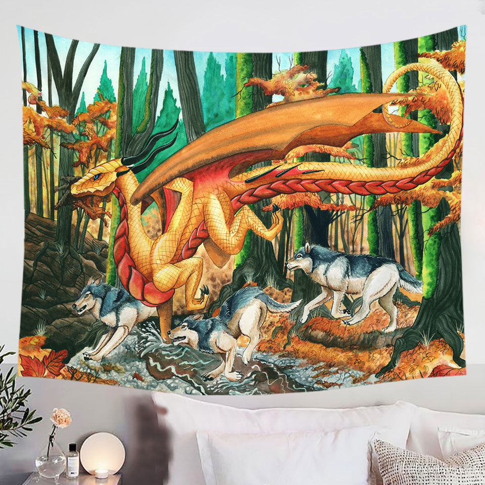 Art-Painting-Wall-Decor-Tapestry-Fall-Leaves-Wolves-and-Dragon