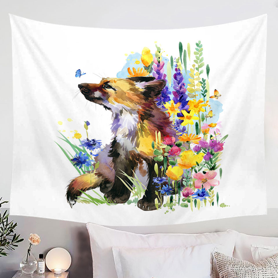 Art Painting Wall Decor Tapestry with Flowers and Cute Fox