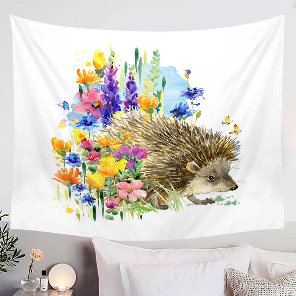 Art Painting Wall Decor Tapestry with Flowers and Cute Hedgehog