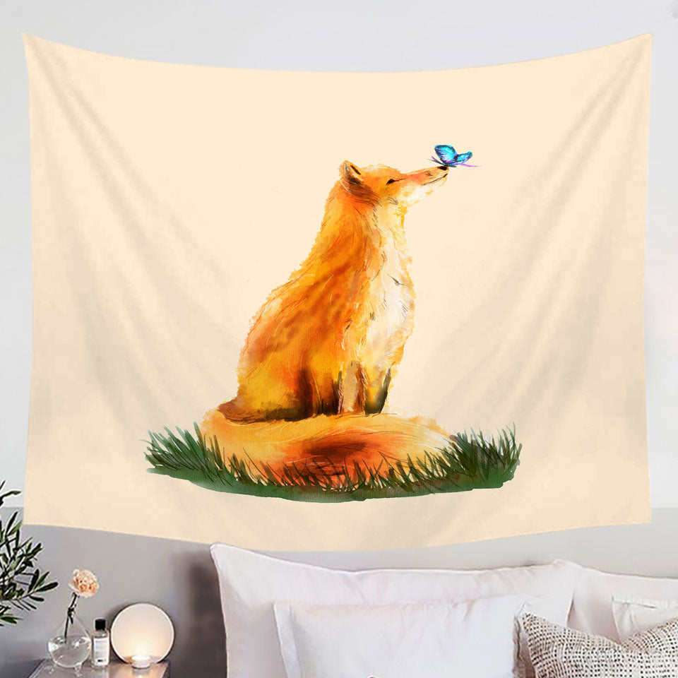 Art Painting Wall Decor Tapestry with Sweet Fox and Butterfly
