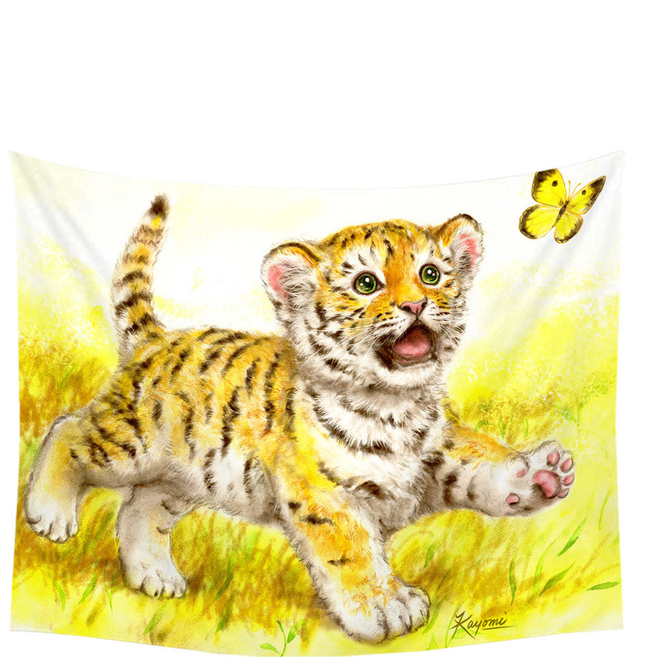 Art Painting Wall Decor for Kids Butterfly and Baby Tiger Tapestry