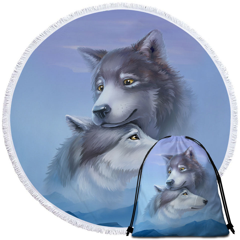 Art Painting Wolves Couple Round Beach Towel