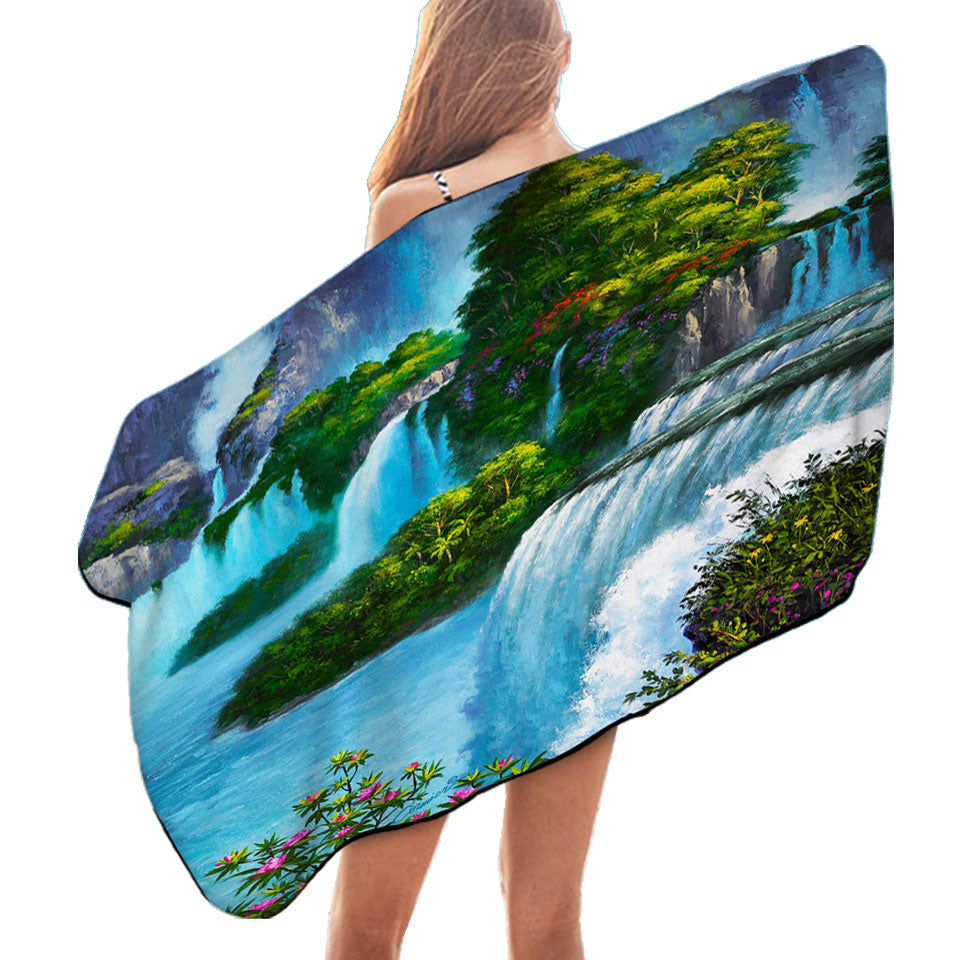 Art Painting of Nature Paradise Falls Beach Towels