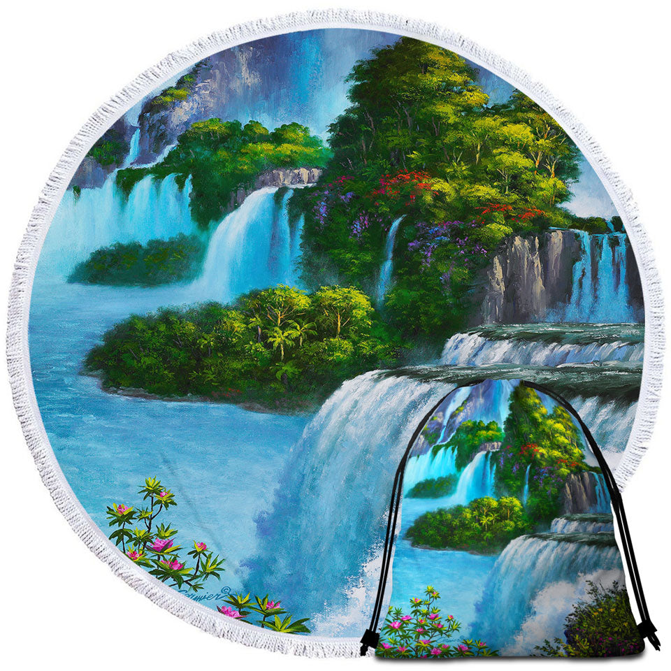Art Painting of Nature Paradise Falls Circle Beach Towel