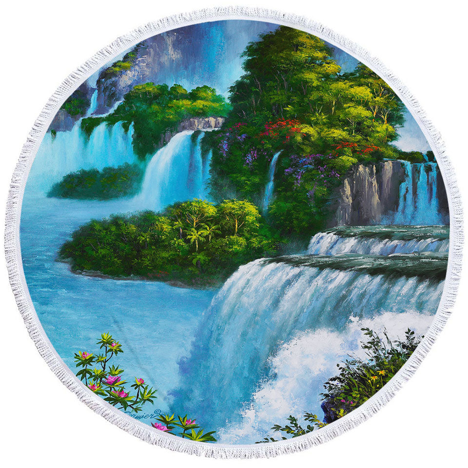 Art Painting of Nature Paradise Falls Round Beach Towel
