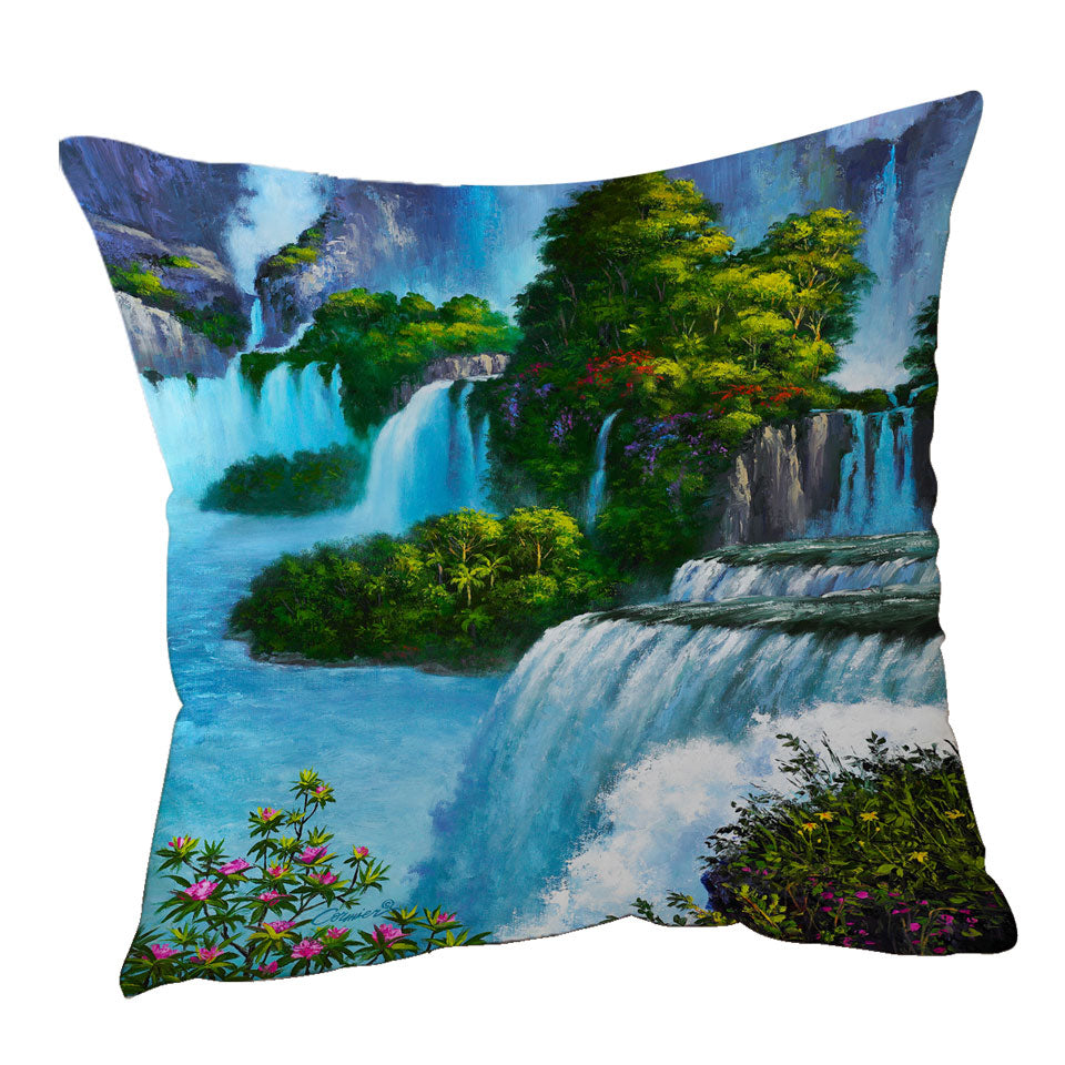Art Painting of Nature Paradise Falls Throw Pillow
