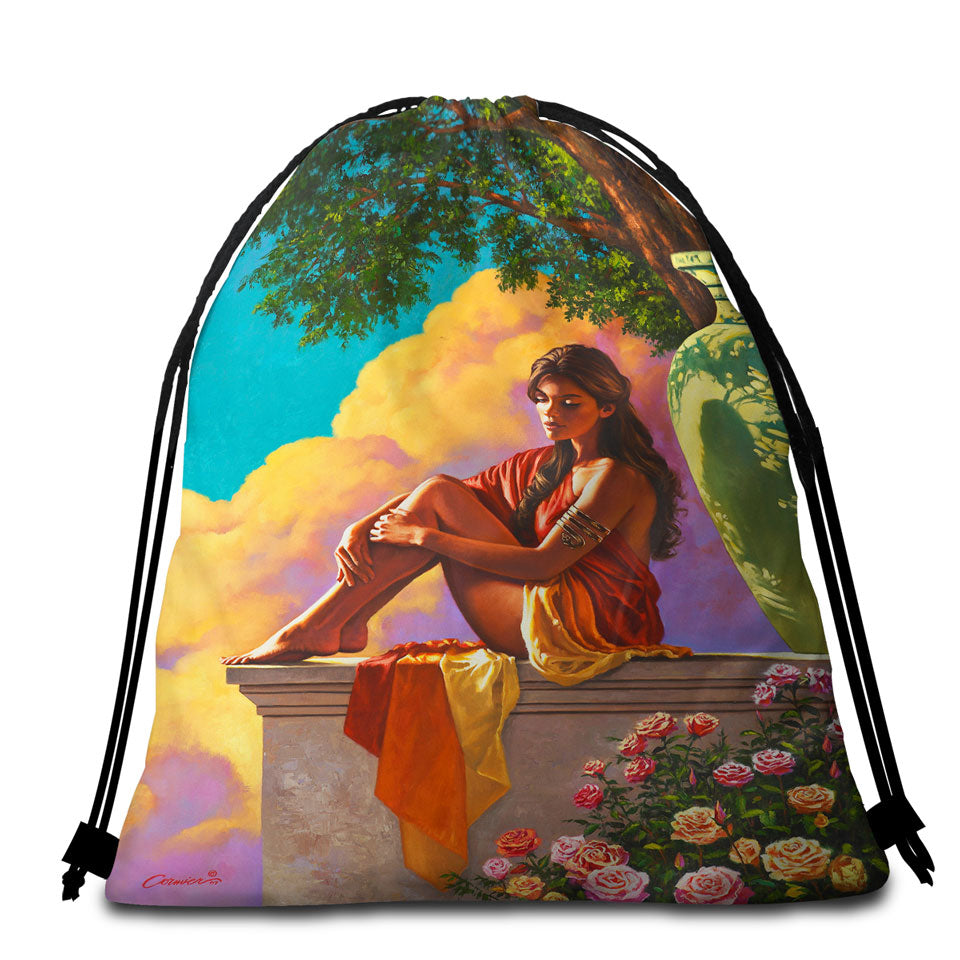 Art Painting of Roses and Beautiful Girl Beach Towels and Bags Set