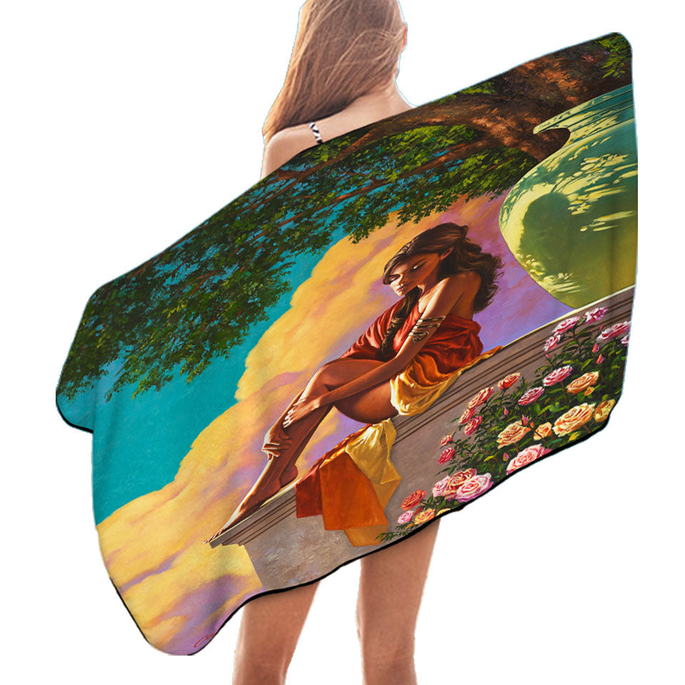 Art Painting of Roses and Beautiful Girl Beach Towels