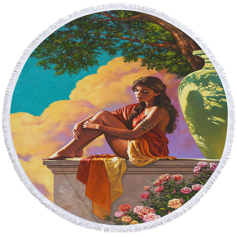 Art Painting of Roses and Beautiful Girl Circle Beach Towel