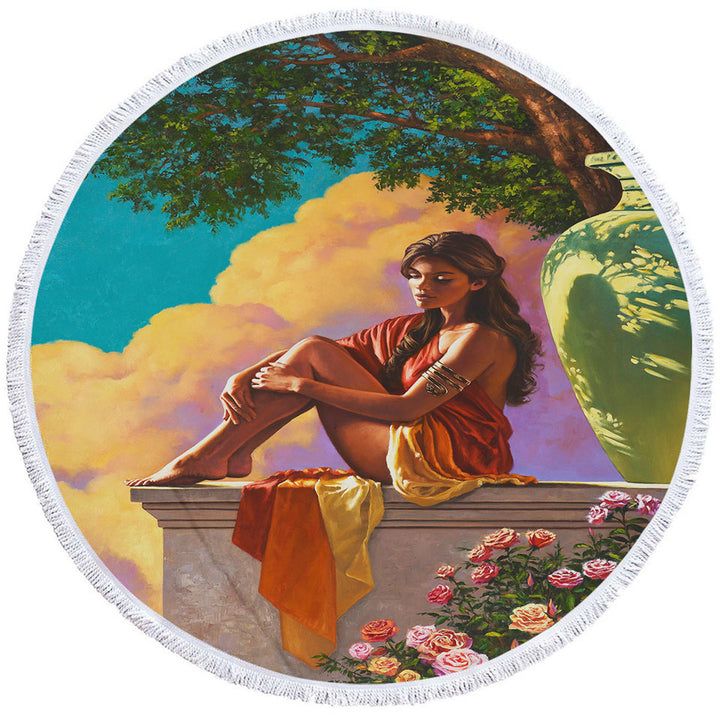 Art Painting of Roses and Beautiful Girl Circle Beach Towel
