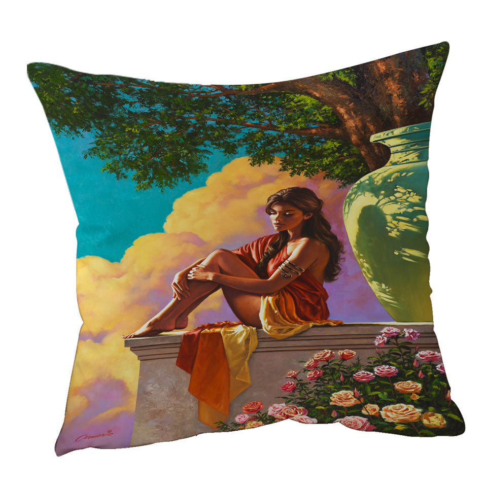 Art Painting of Roses and Beautiful Girl Cushion Cover