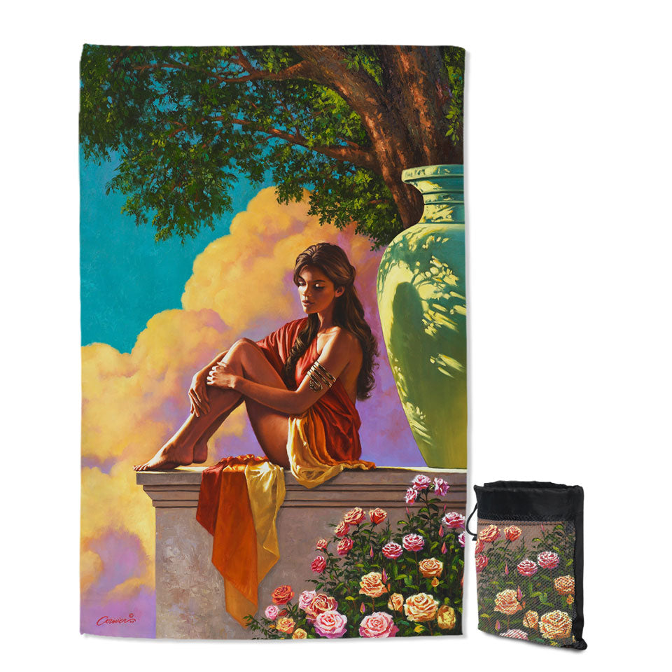 Art Painting of Roses and Beautiful Girl Quick Dry Beach Towel