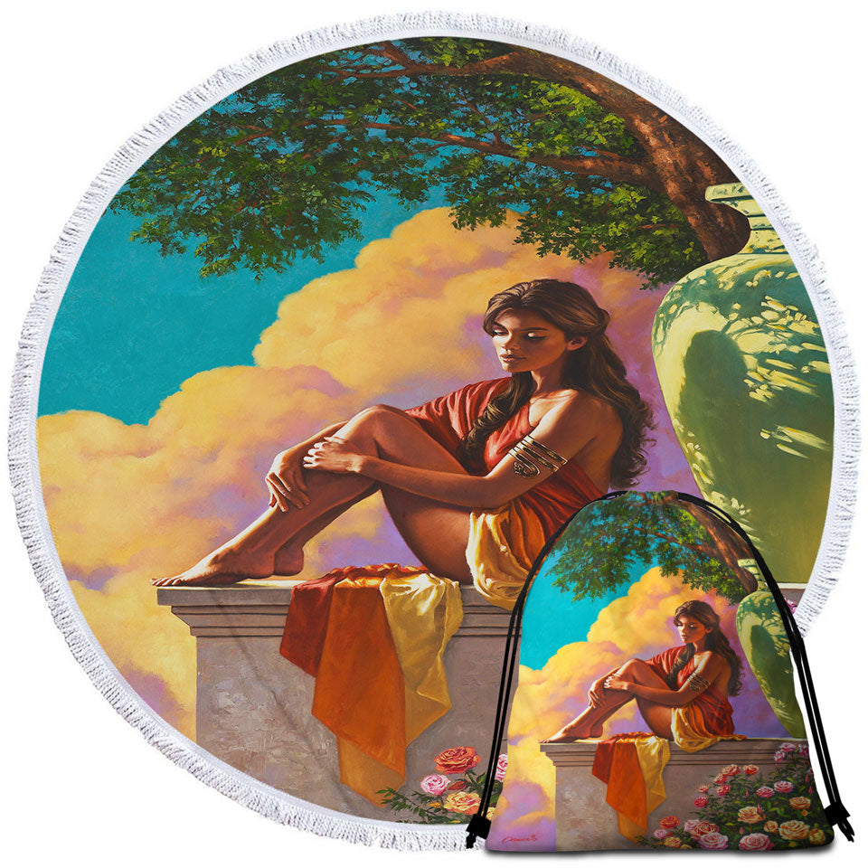 Art Painting of Roses and Beautiful Girl Round Beach Towels