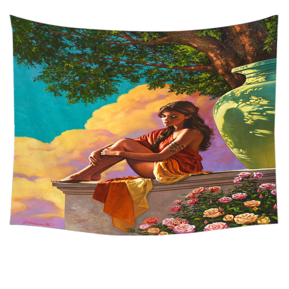Art Painting of Roses and Beautiful Girl Tapestry
